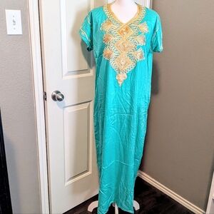 Turquoise Kaftan with Gold Embroidery